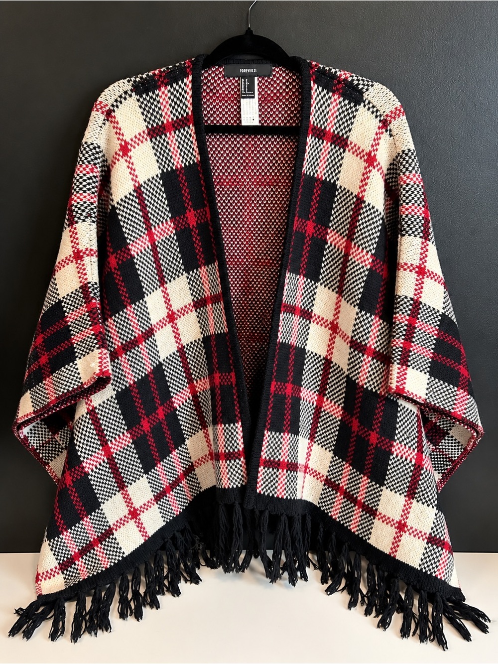 Forever 21 Plaid Knit Poncho Small Red Black Cream Fringe Cape Wrap Cozy Fall